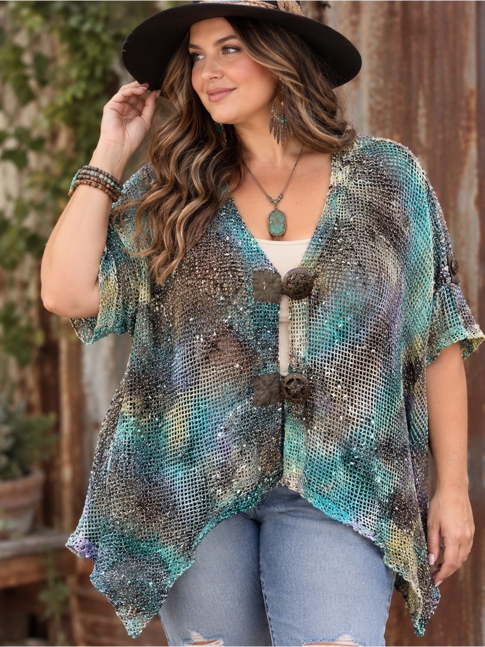 Kaktus 1X Open Knit Mesh Cardigan Teal Brown Sharkbite Hem Boho Lagenlook